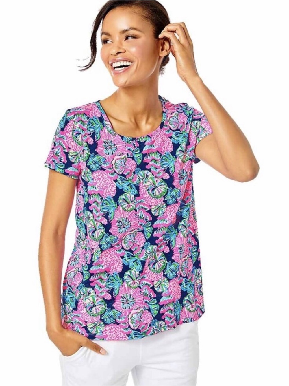 Lilly Pulitzer Etta Scoop Neck Tee Women’s S Navy Shroom With A View Top Resort